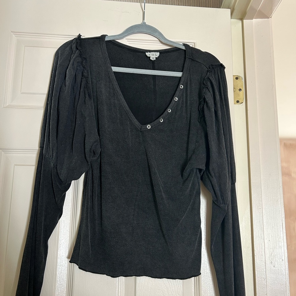 POL Washed Black V-Neck Long Sleeve Top with Button Accents